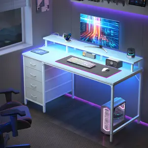 Sweetcrispy 4-Drawer Computer Desk - Gaming Desk with Power Outlets, LED Lighting, Monitor Shelf, Modern Wood/Metal Build, Easy Setup for Small Spaces, Home Office or Bedroom