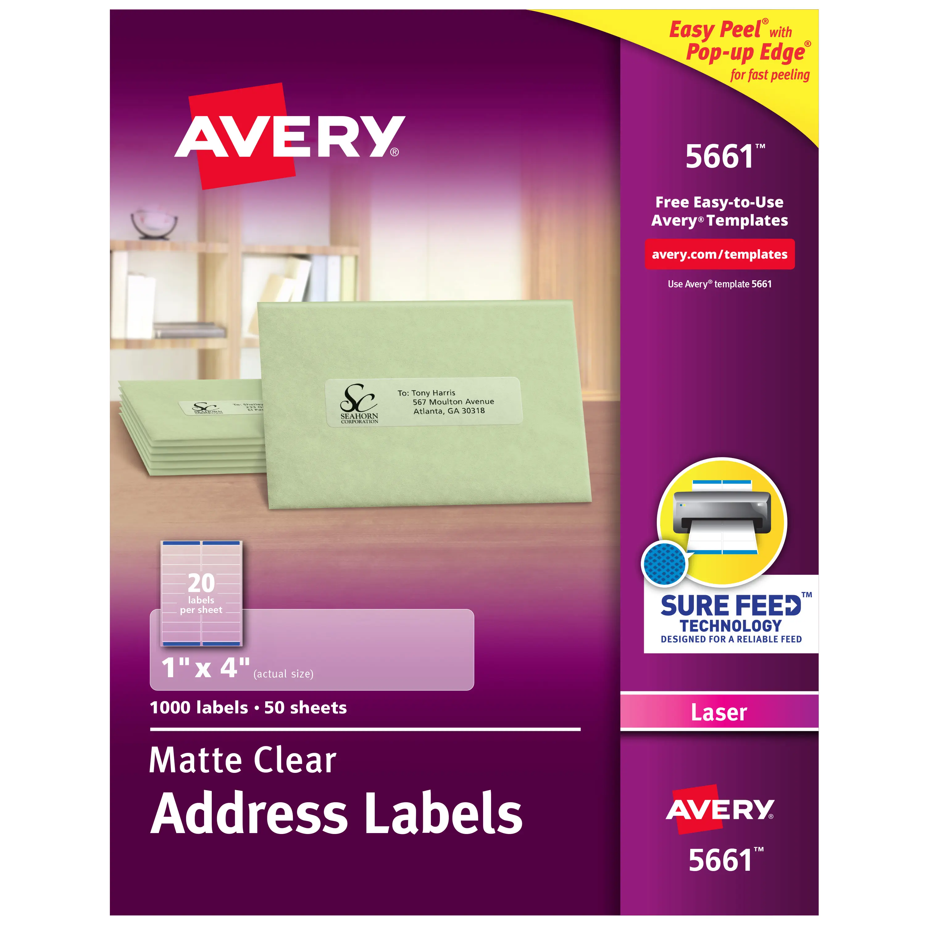 Avery Matte Clear Address Labels, Sure Feed Technology, Laser, 1" x 4", 1,000 Labels (5661)