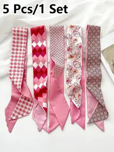 5 Pcs / 1 Set Elegant French Pink Floral Pattern Plaid Houndstooth Scarf Set, Women's Vintage Hairband, Multifunctional Wrap, Bag Accessory, Casual Style