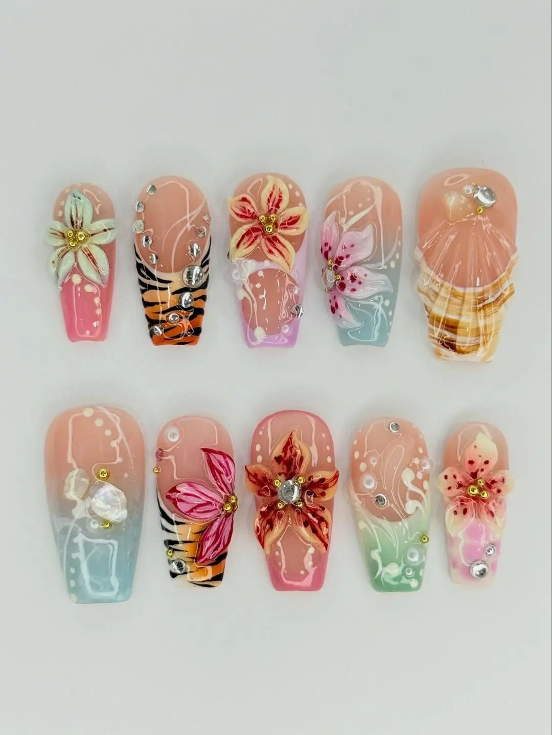 Tropical Floral 3D Press On Nails | Hibiscus Shell Design | Beach Vacation Statement Set Multicolor