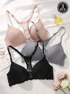 3PCS Lace Underwire Seamless Push-Up Bra,Deep V Front Buckle Add cup Lace Backless Comfortable Breathable Adjustable Straps, for Daily Wear Backless Dates Elegance