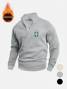 Trendy Men's Brazil Football Half-Zip Sweatshirt, Team Logo Print Fleece Pullover, Perfect for Street Style, Daily Commute, Cold Seasons