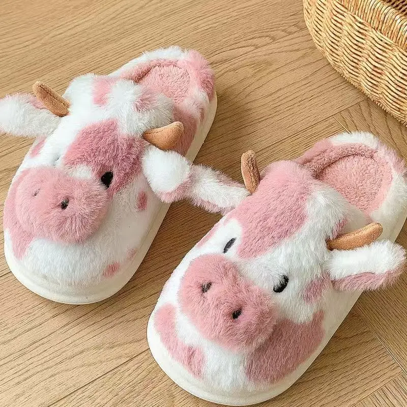 Cute Cartoon Cow Slippers for Women Men WarmComfy Slippers Warmth in Winter Non-Slip PlushSlippers Shoes
