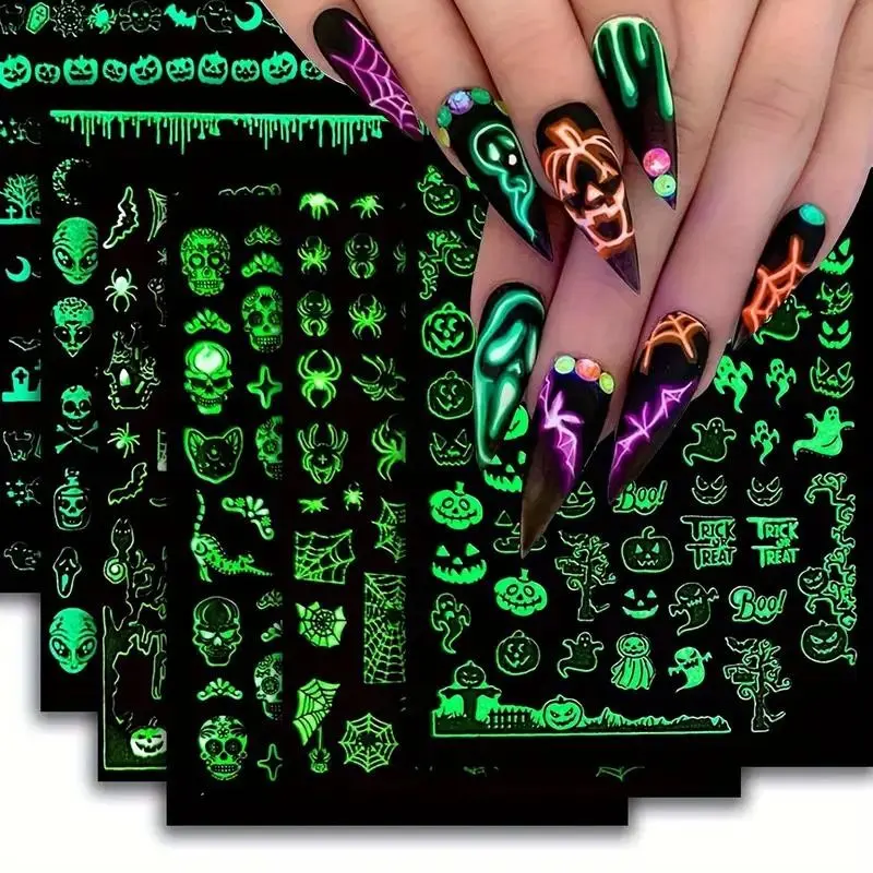 6-Piece Glow-In-The-Dark Nail Art Stickers, Self-Adhesive Reusable Easy to Apply Spooky Halloween Designs, Skull Ghost Pumpkin Spider Patterns, Festive Manicure Decorations, Nail Art Supplies, Ideal for Holiday Celebrations