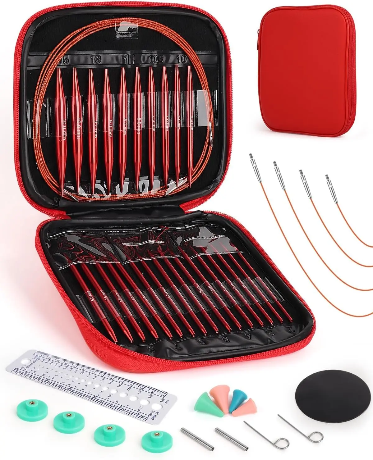 Aeelike 13 Pair Interchangeable Circular Knitting Needles Set 3-10 mm, Red | Aluminum Interchangeable Knitting Needles with 4 Cables, Smooth Complete Needles Set for Socks Blankets Sweaters, Ideal Gift Gift