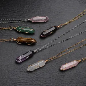Hexagonal Natural Stone Pendant Necklace for Women Men Wire Wrap Bullet Crystal Necklace Amethyst Pink Quartz Fashion Jewelry