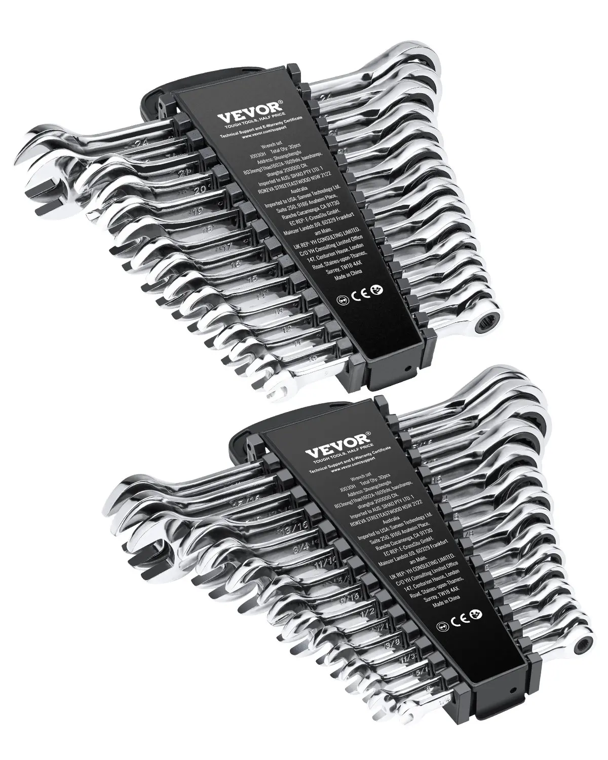 VEVOR Combination Wrench Set, 8/16/24/30pcs Ratcheting Wrench Set with Organizer Rack, Cr-V Steel Wrench Set SAE 1/4" to 1", Metric 8 mm to 24 mm, Ideal for General Household, Garage, Workshop, Emergency