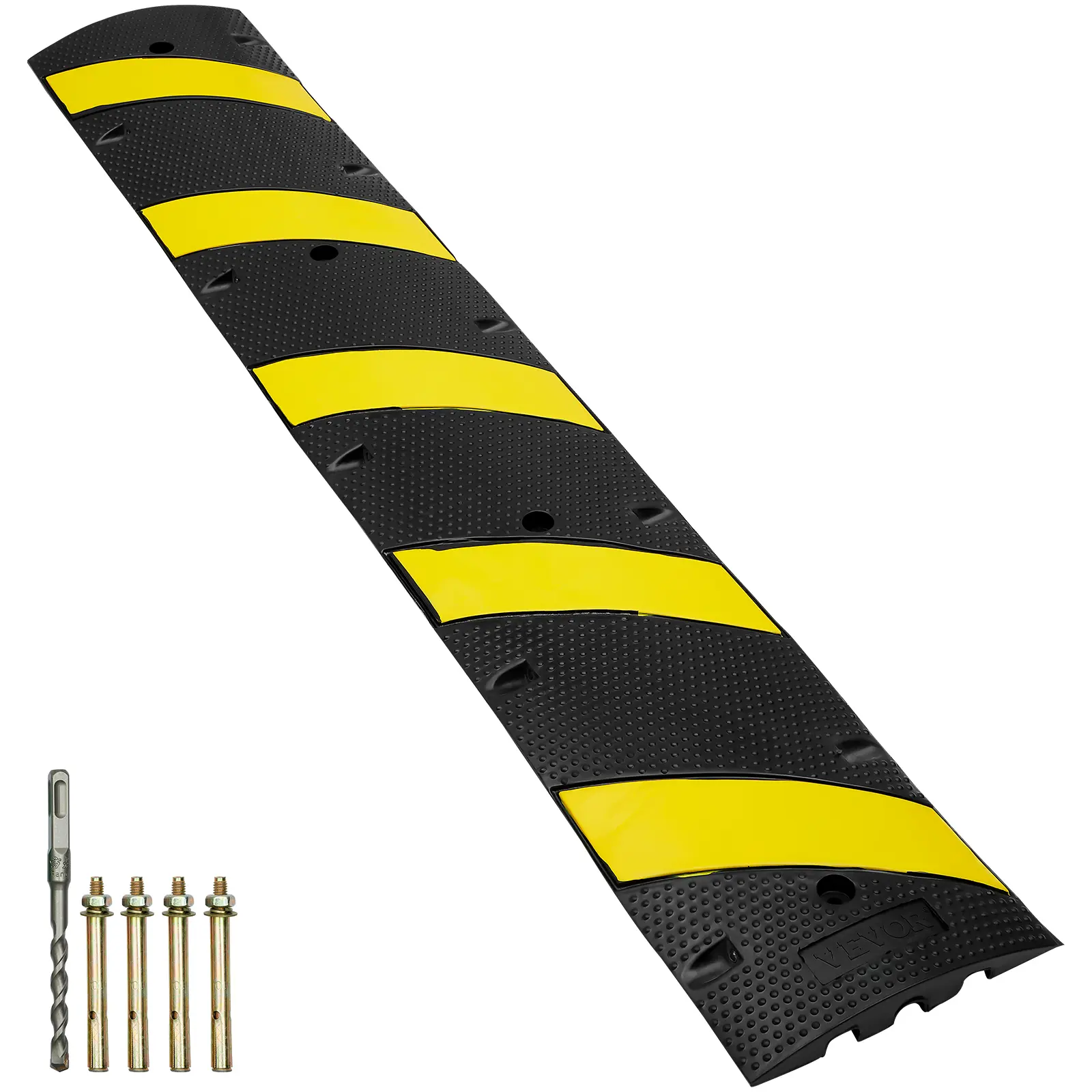 VEVOR 72-in 1-Piece Rubber Speed Bump with Dual 1.18x0.79 in Channel Groove Design, 22000 lbs Load Capacity, Bright Yellow Reflective Strips, 4 Expansion Screws & Drill for Asphalt/Concrete, Public Spaces with Large Traffic Flow, Auto Accessories