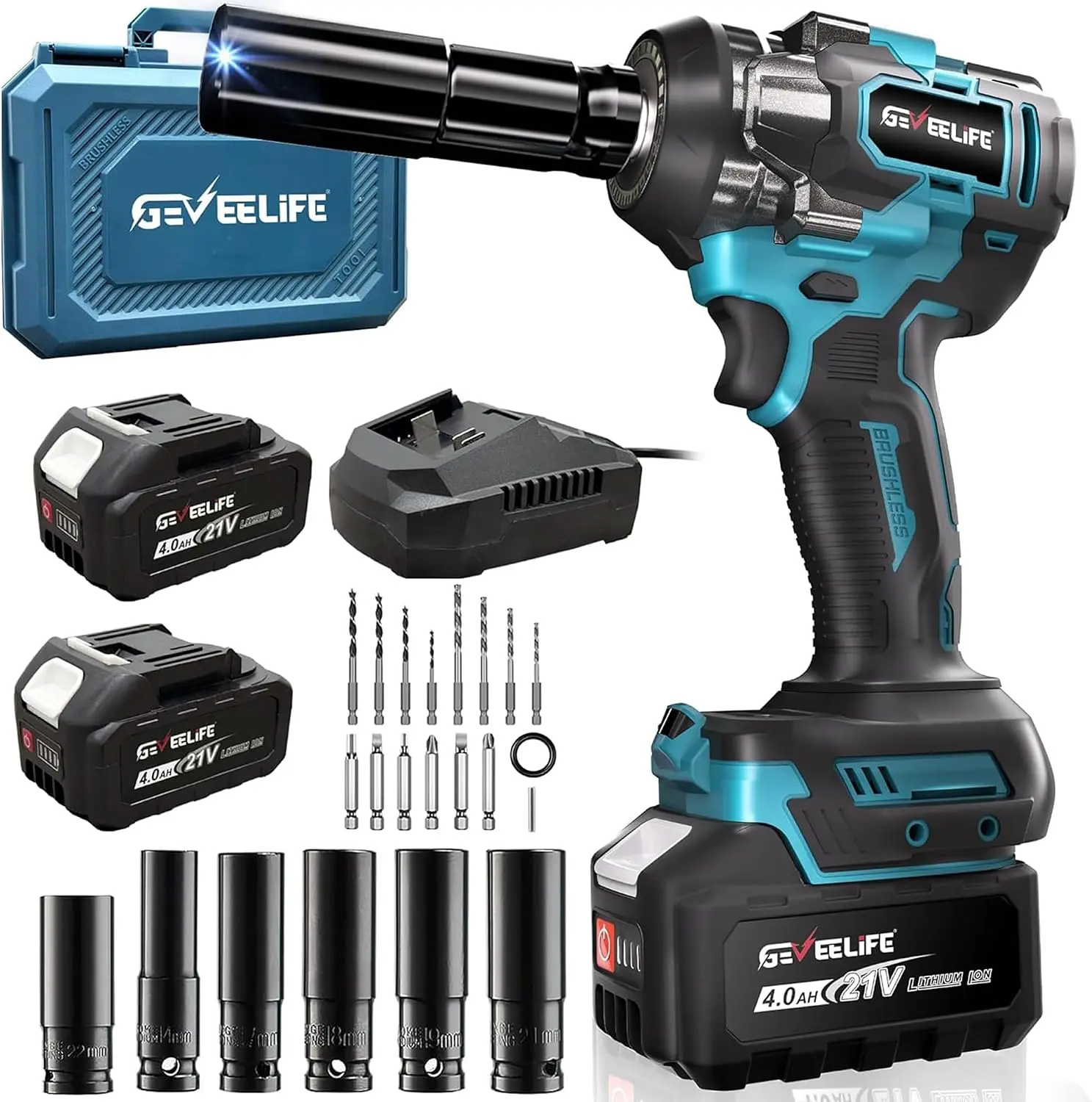 GEVEELIFE 700Nm 3 in 1 Brushless Impact Wrench 1/2" Cordless 3300RPM, 2×4.0Ah Batteries, 6 Sockets Car DIY Furniture Lawn Mower