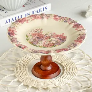 Blooming Flowers 10-inch Vintage Tall Dessert & Fruit Plate with Wood Base