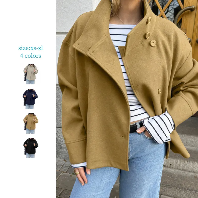 Mundoven Women's Cropped Wool Blend Pea Coat, Loose Fit Single Breasted Warm Outerwear Jacket with Long Sleeves, Tops