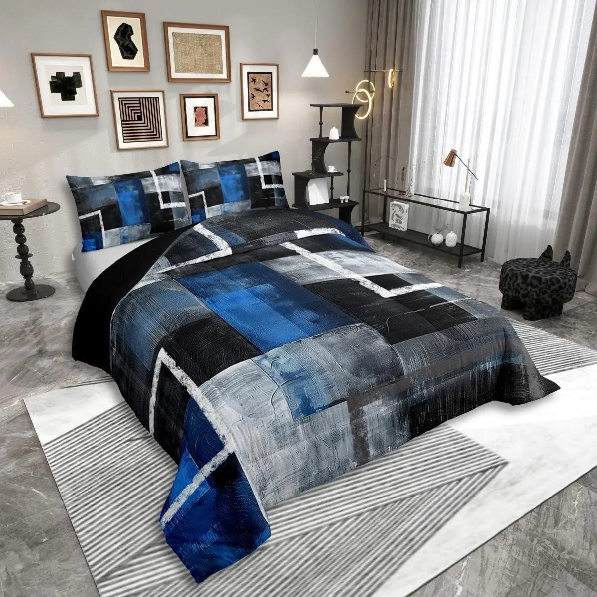 Oil Painting Geometric Bedding Set for Teen Adults,Blue Black Grey Comforter Set,Modern Abstract Art Comforter Watercolor Patchwork Duvet Insert