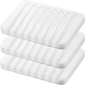 3PCS Self Draining Soap Holder, Premium Silicone Soap Dish, Soap Saver for Shower, Bathroom, Kitchen, Bath Tub, Sponges,Keep Soap Bars Dry Clean,Easy Clean,Extend Soap Life (White) EOYCPM