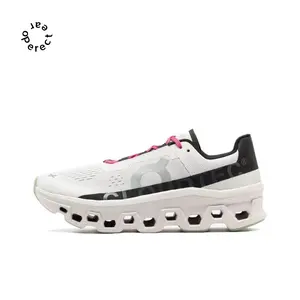 White Mesh & Black Stripe Running Shoes, Pink Laces Accents with Hollow Cloud Cushioning Outsole