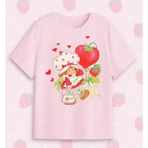 YOUTH + ADULT SIZES - Strawberry Shortcake shirt, Strawberry Girl Pattern, Love Pattern, Pink Casual Round Neck Fitted T-Shirt, Full Colors, Full Size