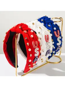 American flag headband with English letters USA headband set with diamonds and pearls Independence Day hair accessory, Goddess Headband, Bling Hair Headband