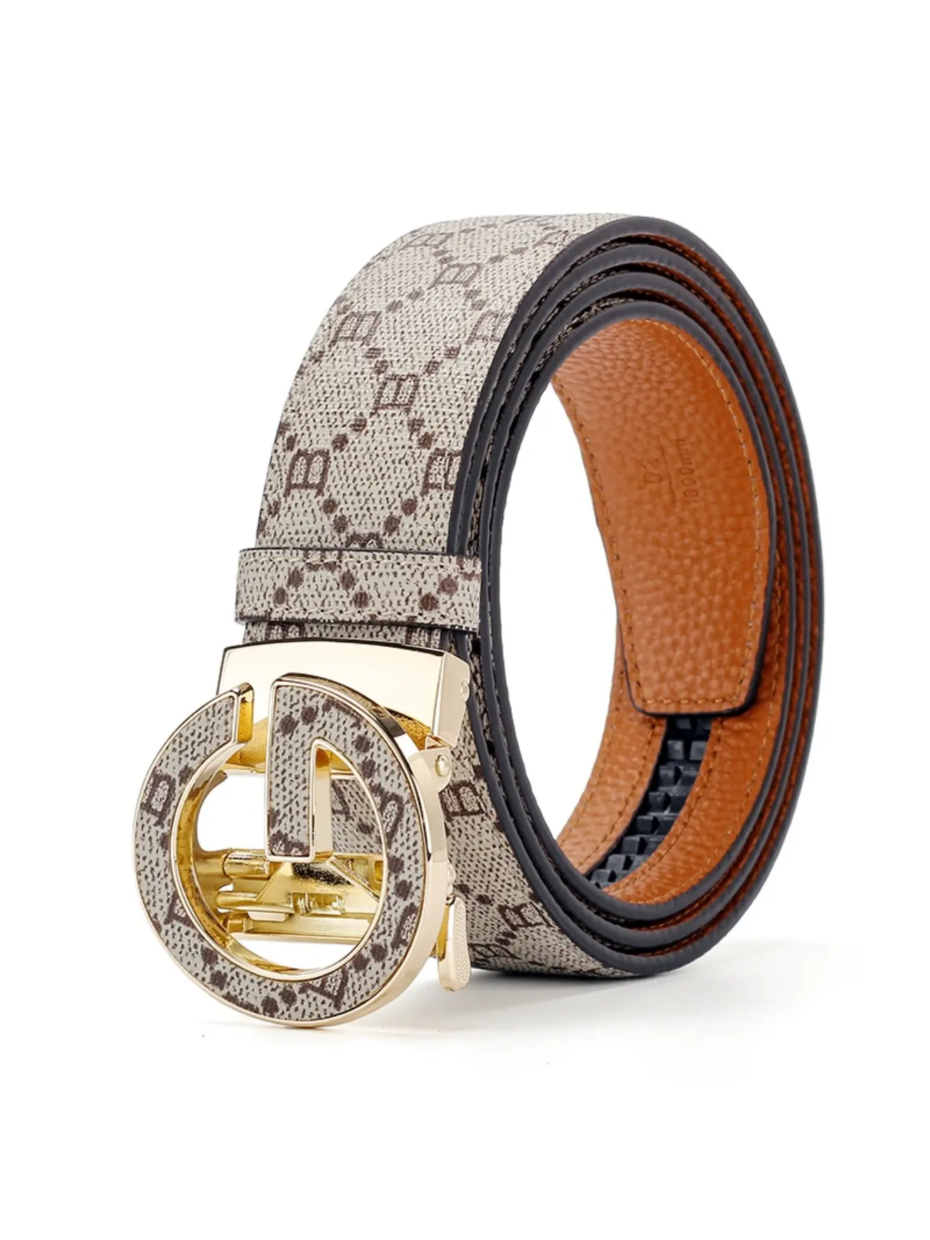 Men's Adjustable Ratchet Belt with Circular B Buckle, Classic Monogram Print, Casual PVC Leather Belt for Daily Use, All Seasons Style