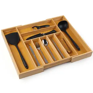 Kitchen Drawer Organizer Utensil Organizer Bamboo Silverware Holder Cutlery Organizer in Drawer Flatware Organizer Tray 7-9 Slots- Kitchen Organizer for Utensils & Flatware