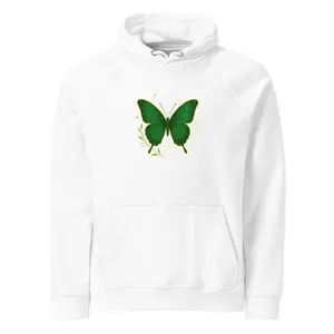 Butterfly Hoodie - Unisex Eco Raglan Hoodie in Charcoal Melange, 60% Cotton 40% Recycled Polyester, Regular Fit, Brushed Lining, Ribbed Cuffs & Hem, Drawstrings with Metal Eyelets