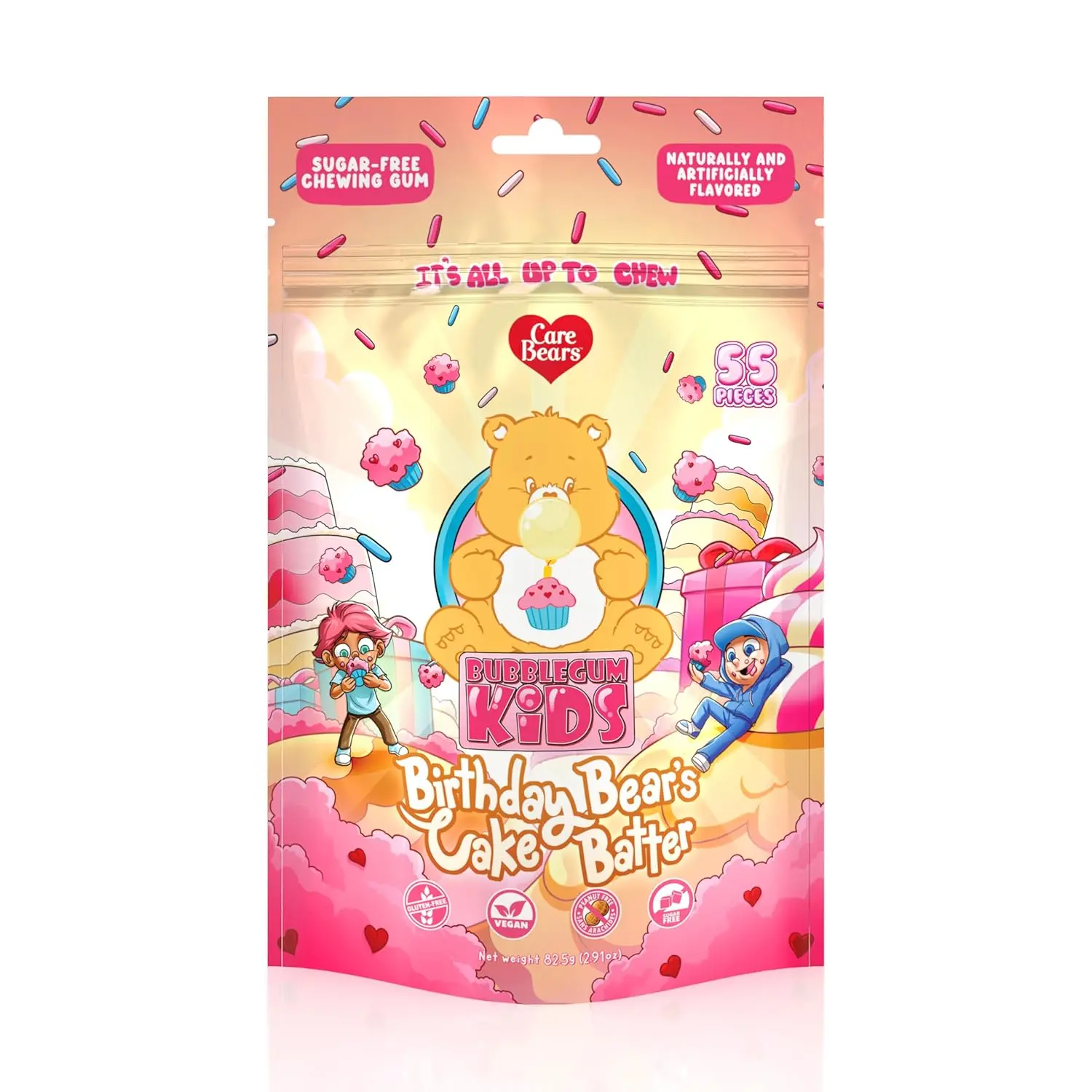 Bubblegum Kids Sugar Free Gum - For Kids and Adults - Vegan Friendly - Retro, Parent Approved Bubble Gum with Burst of Sweet Flavor - Care Bears Birthday Cake Batter