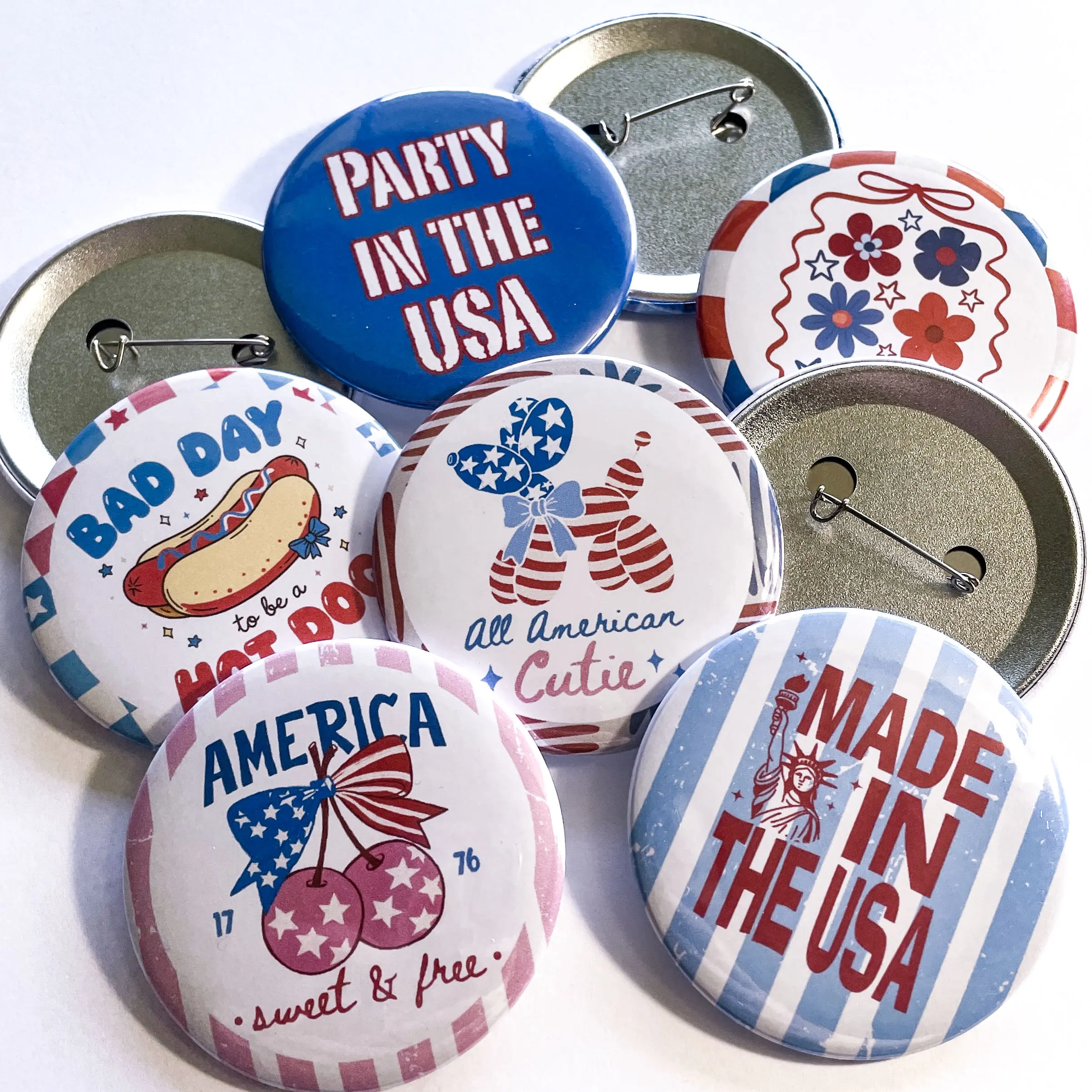 Set of 6 Patriotic Coquette Buttons, 4th of July Cute Pinback Buttons with Bows, 2.25 in Size Aesthetic Independence Day