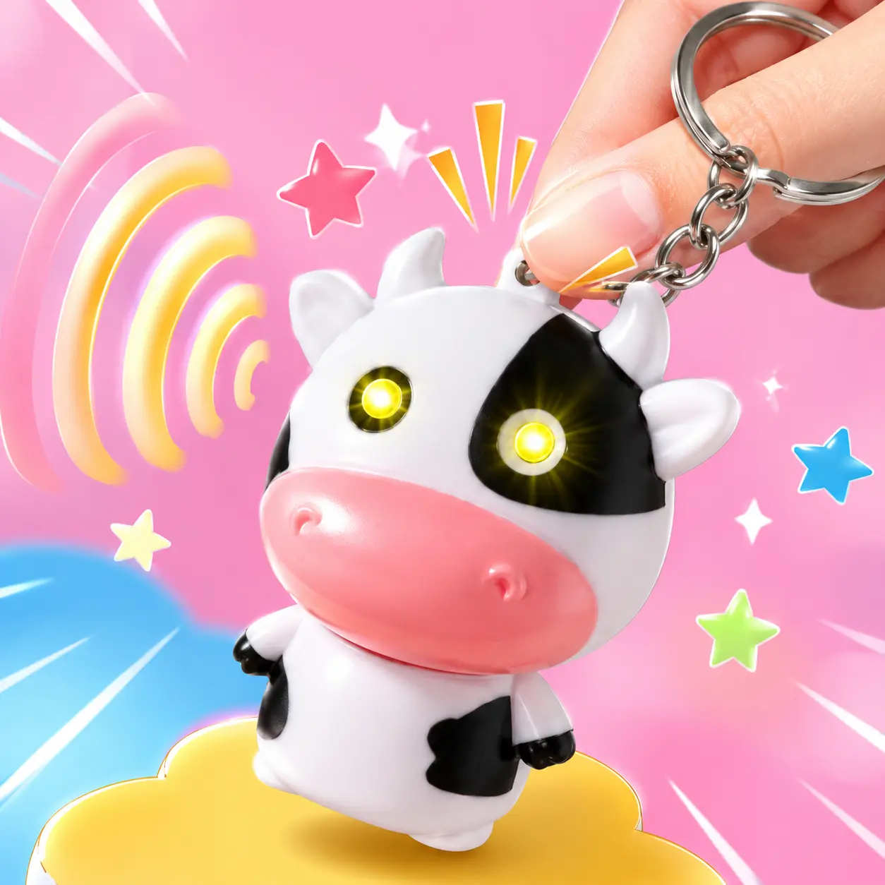 Cute Cow Keychain and Bag Charm, Funny Animal Figure with Interactive Glowing Eyes, Light, and Moo Sound for Backpacks