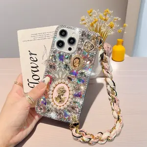 Trendy Princess Crystal Bling Cellphone Casing - Stylish Rhinestone Protective Cover with Pink Handheld Bag Strap, Phone Accessories for Latest 17,16,16 Plus,15,14,13,12,11 Pro Max Devices