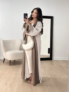 1-Piece Light Beige & Taupe Color-Block Open Abaya, Casual Modest Muslim Kimono Outerwear