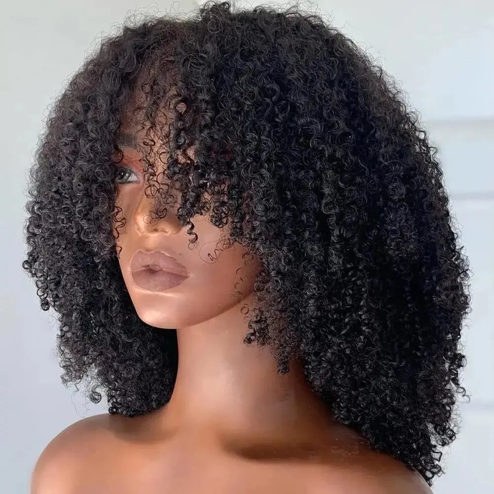 Human Hair Full Machine Wig, Short Afro Kinky Curly Style with Afro Cut & Bangs, 180% Density
