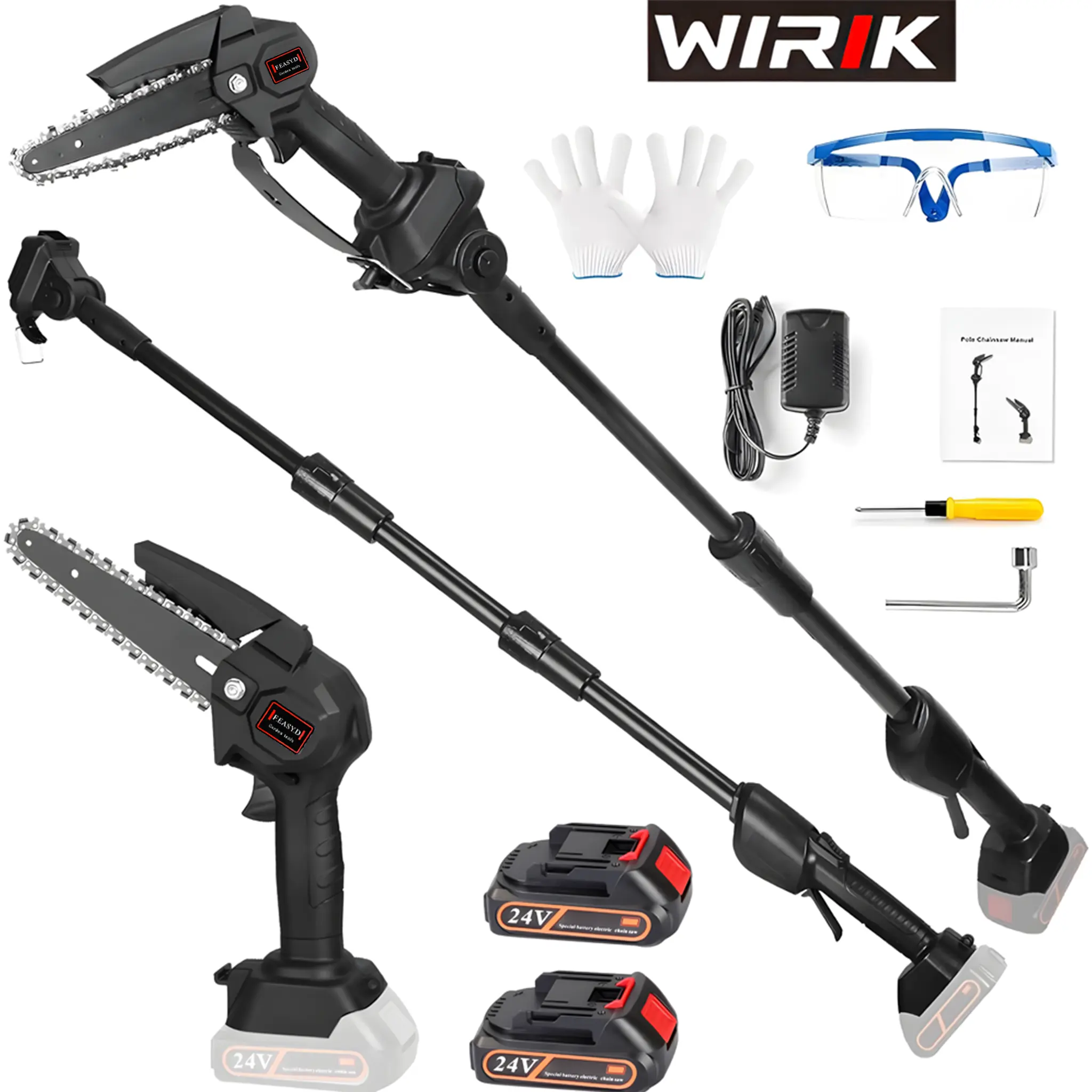 2 in 1 Cordless Pole Saw & Mini Chainsaw Garden Scissors with 2 Batteries, Power Electric Polesaw for Tree Trimming, Chain Saw with Extension Pole, Limb Branch Cutter Pruner Outdoorfun