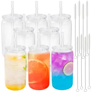 HILAKE 8-pack 16oz clear plastic travel cups with lid, straw and cleaning brush. Portable, reusable, easy to clean, DIY-friendly. Perfect for juice, coffee, camping, daily use, office, parties, birthdays, Easter and gifts.
