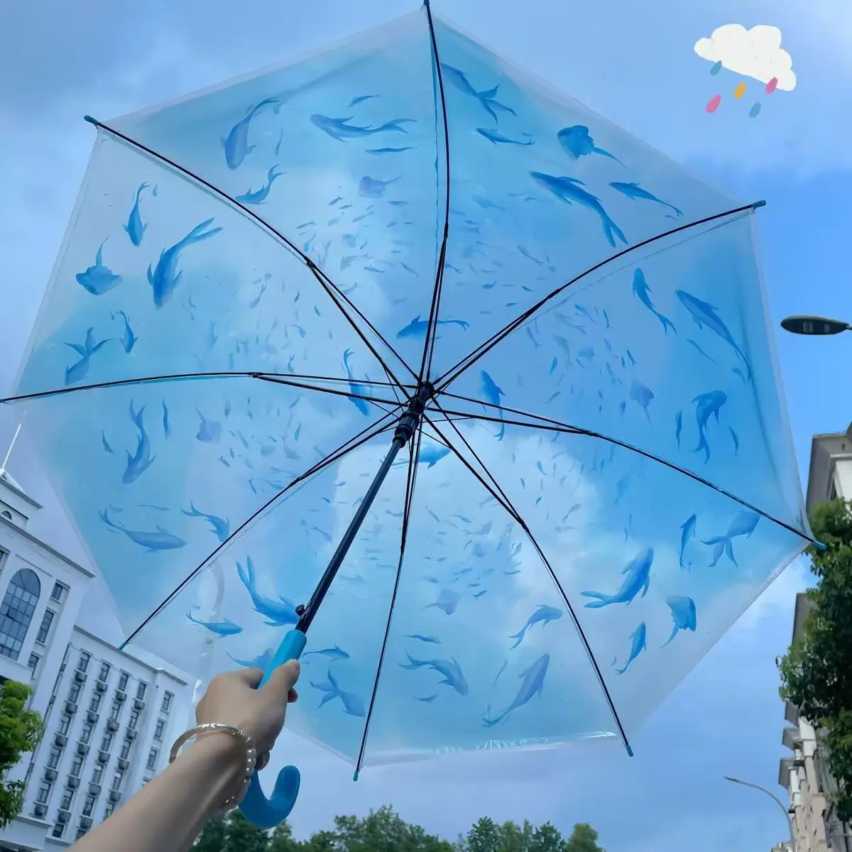 2026 New Blue Ocean Automatic Portable Folding Umbrella, Durable Reinforced 8 Ribs, Fish Art Design, Cute Cartoon Style, Perfect Gift, Foldable Automatic Umbrella