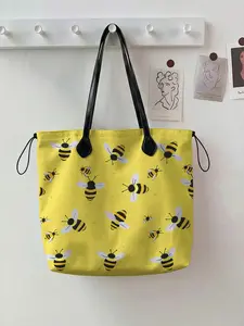Bee Pattern 2D Printed Drawstring Tote Bag, Large Capacity Shopping Bag, Durable All Season Use, Ideal for Work, Shopping, Picnic, Fashionable Shopping Bag