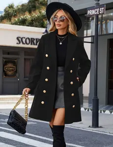 HEEKPEK Women Winter Wool Blend Mid-Long Coat Notch Double-Breasted Lapel Jacket Outwear