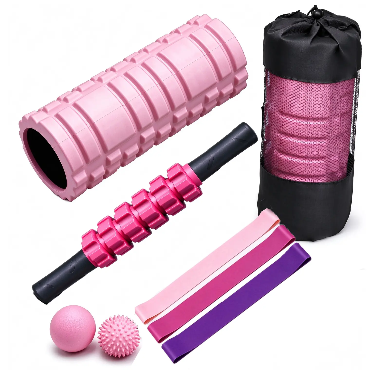 7 in 1 Pink Foam Roller Set with Massage Stick & Balls, Deep Tissue Muscle Massager Kit for Pain Relief, Portable Home Gym Recovery Tools for Workout & Physical Therapy