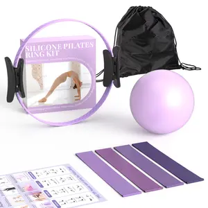 Pilates circle set with yoga ball and resistance bands, essential fitness equipment for home workouts, body stretching exercises, and postpartum recovery