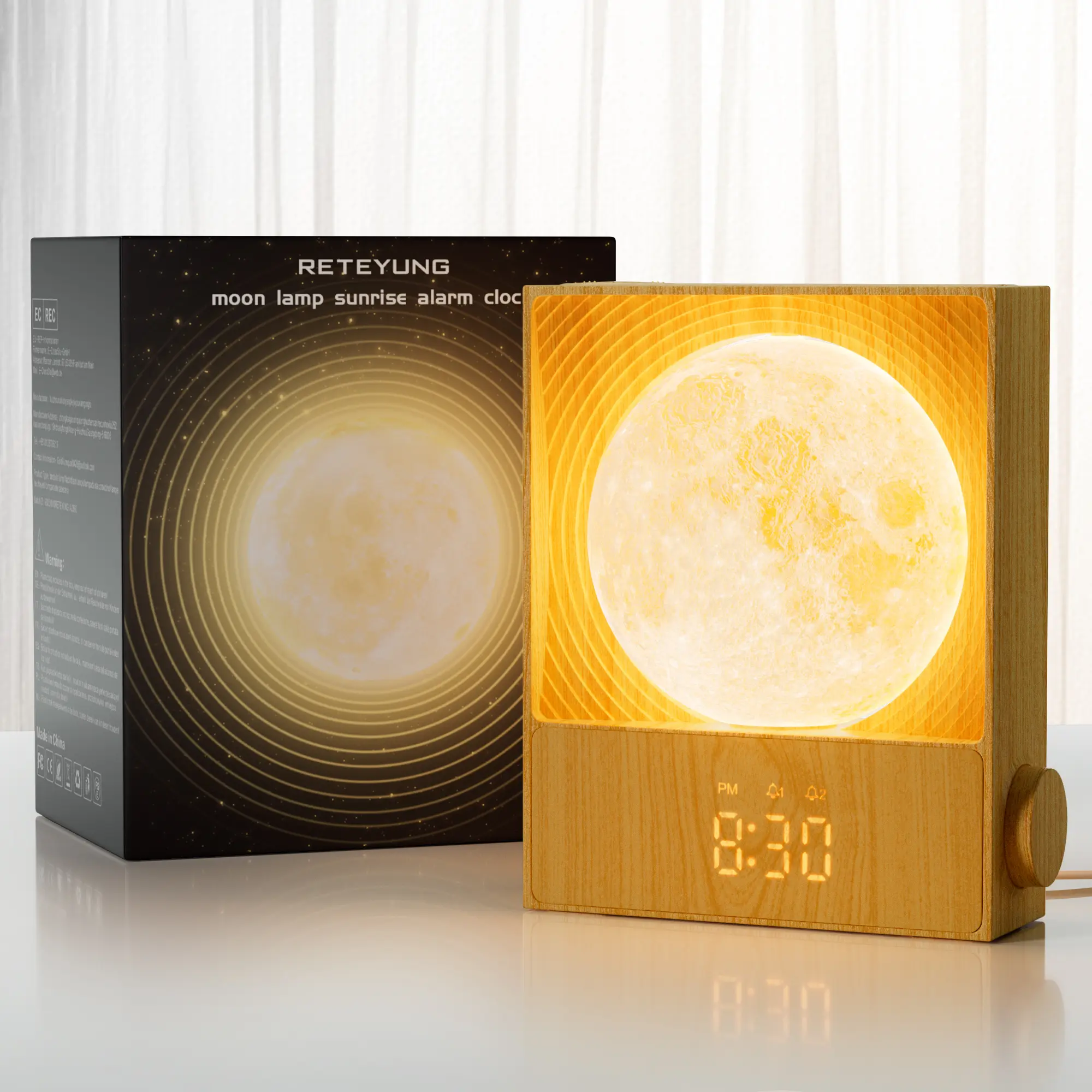 Reteyung Rotatable Moon Lamp With Clock,Sunrise Alarm Clock for Heavy Sleepers, Sleep Sound Machine, 10 Nature Sounds, 10 Light Effects,15 Ringtones