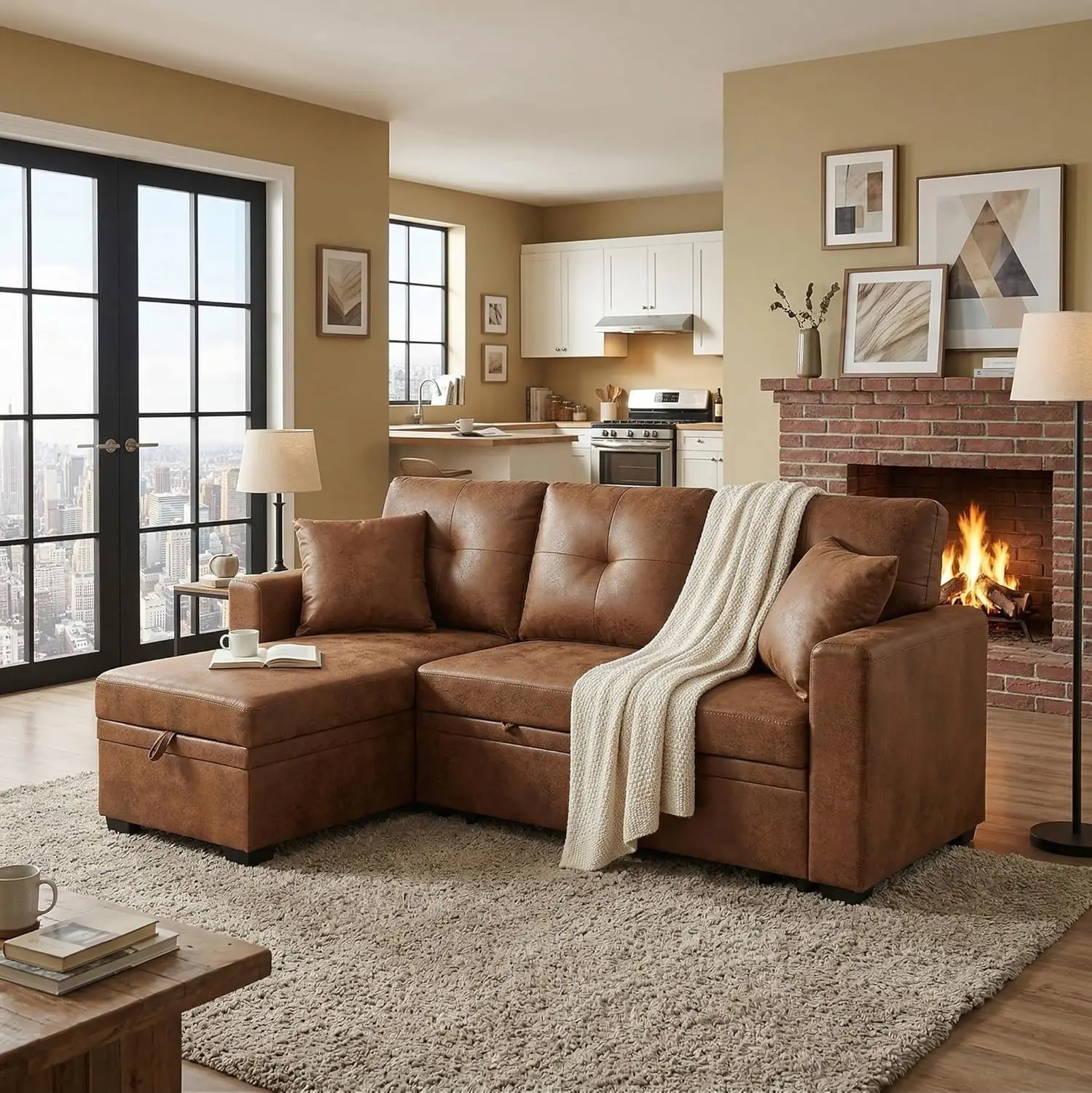 L-Shaped Sleeper Sectional Sofa with Pull-Out Bed, Reversible Chaise and Hidden Storage,  Convertible Sofa Bed for Small Space Living Room Furniture,Light Brown Indoor Sofa Bed Modern Upholstered Sofas