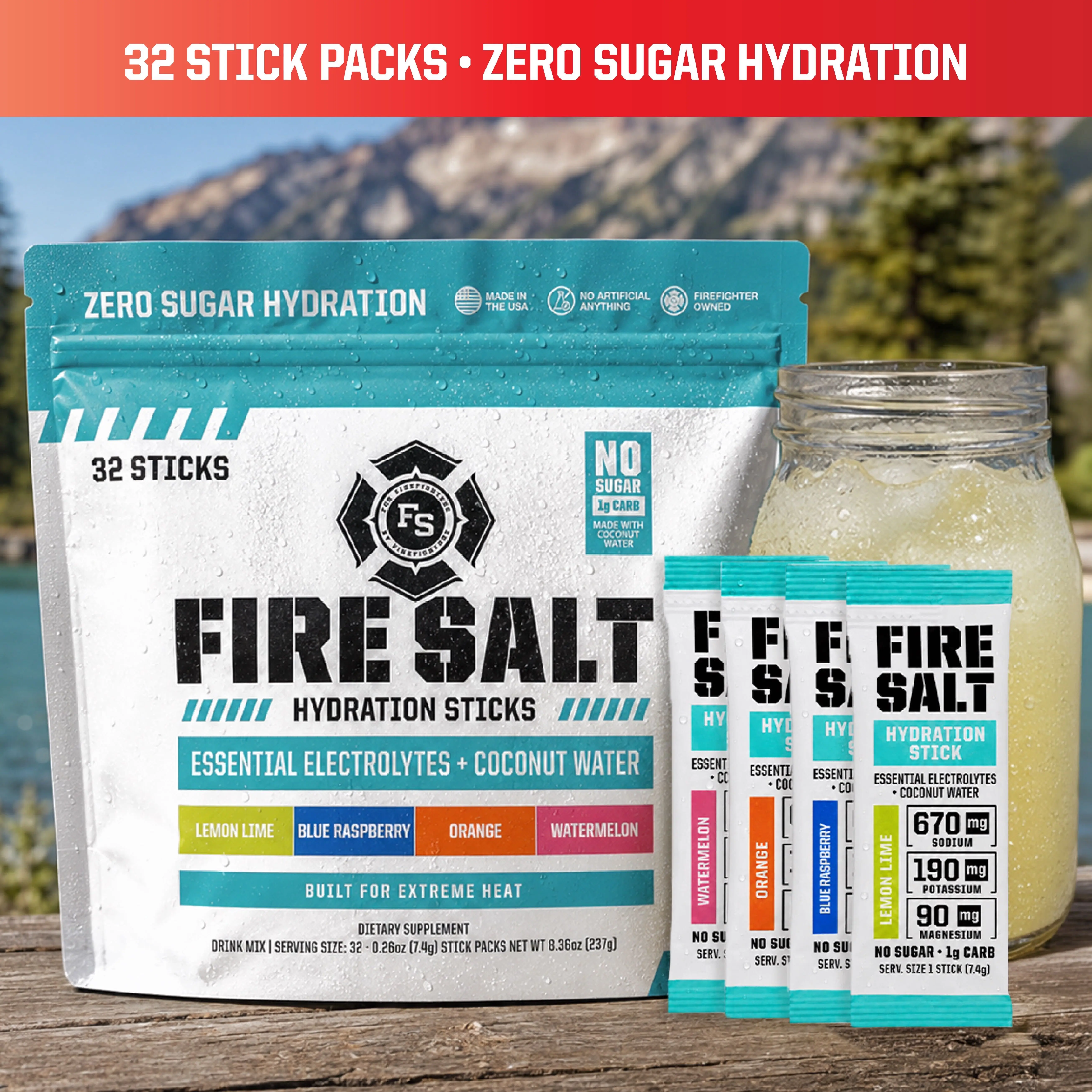 Fire Salt Electrolyte Powder Packets 32-Pack – Zero Sugar Hydration Drink Mix with Coconut Water & 3X Electrolytes – Workout, Recovery, Sauna, Endurance & Outdoors – Keto Friendly, Natural Ingredients, No Artificial Sweeteners