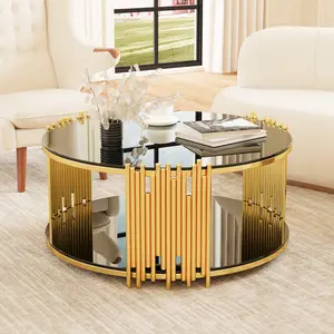 Modern Minimalist Light Luxury Style Stainless Steel Circular Coffee Table with Black Tempered Glass Countertop for Living Room