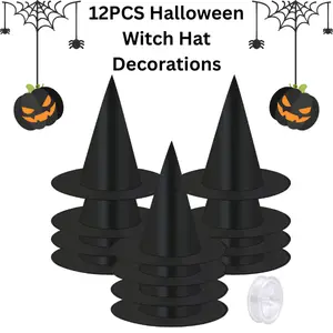 12PCS Halloween Witch Hat Decorations with 100 Yards Hanging Rope – Spooky Yard Decor for Halloween Party, Outdoor & Indoor Halloween Display