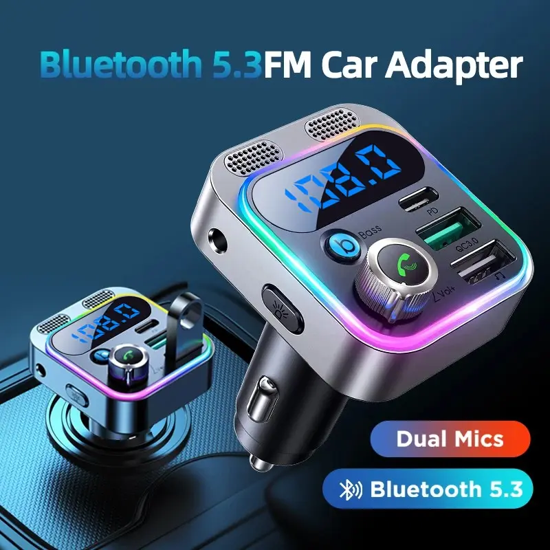 5.3 Car Adapter with 3 Charging Ports 48W Wireless Radio Transmitter Dual Microphone Deep Bass Player Color Backlight Calling