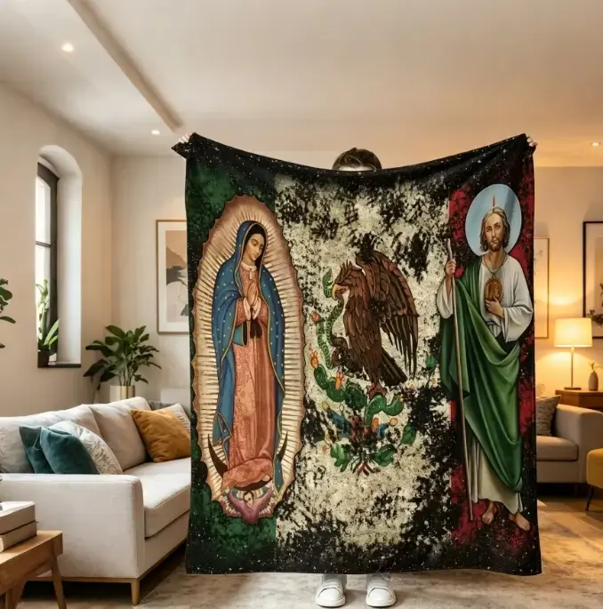 Mexican Cultural Religious Icon Flannel Throw Blanket, Soft Warm Vintage Sacred Fleece Blanket, Home Decor for Bed Sofa Camping Travel, Unique Birthday Christmas Gift For Friends Family
