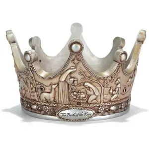 The Birth of The King Crown Brushed Silver Tone 7 x 5 Resin Christmas Advent Candle Holder