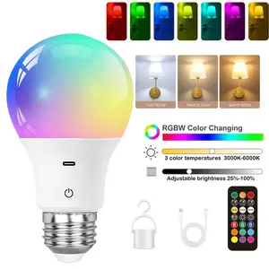 Rechargeable LED Bulb with Remote Control, 9 RGB Light Modes and Adjustable Brightness, Battery Powered Emergency Light for Camping and Fixtures