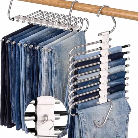 Rust-Resist Steel 9-Tier Minimalist Heavy Duty Hangers - Foldable Pants Storage Hanger with Slide Retractable Rods, Adjustable Hook, 2 Vertical-Horizontal Hanging Ways, Closet Storage Organizer for Jeans, Slacks,home decor