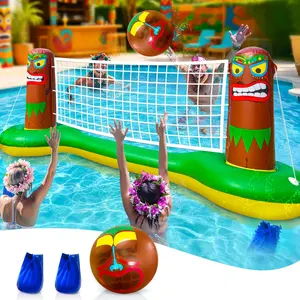 Large Inflatable Pool Float Set Luau Tiki 105”x38” Volleyball Net & 9" Beach Ball, Floating Swimming Game Toy for Kids and Adults, Summer Floaties Water Sports Game Toy Mother's Day Gift Summer Luau Tropical Hawaiian Party Supplies