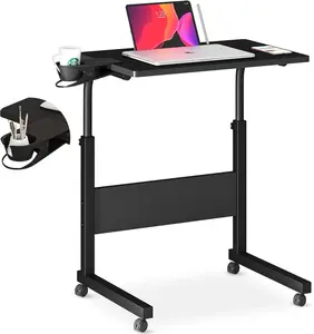 Height-Adjustable Standing Desk - Portable and Versatile Black Desk with Cup Holder - Ideal for Home Office, Bedside Table, and Mobile Use - Compact Rolling Design - Suitable for Laptops and Computers portable table