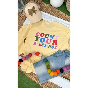 Tees2urdoor Women's Fitted Long-Sleeve Graphic Top - Count Your Blessings Thanksgiving Print, Round Neck, Lightweight Comfortable Fabric, Jacket-Inspired Streetwear Style for Everyday Casual Wear