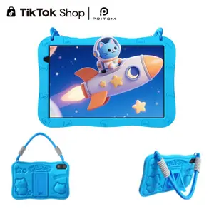[New Arrivals] PRITOM Kids Tablet 10 inch Android 15 8GB RAM 32GB ROM Dual Cameras WiFi 6 6000mAh Battery Protective Silicone Case Animal Flash Cards Educational Apps Toddler Gifts Stress Relief Case Pink Blue-Tablet Screen MothersDay Gift